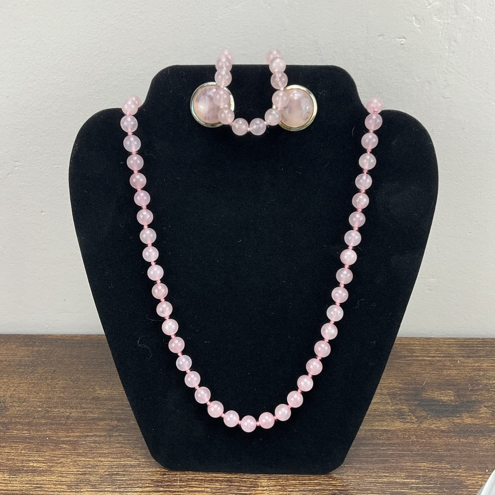 Rose Quartz Beads Hand tied 31 in Necklace 7.5 in Bracelet 1 in Earrings vintage